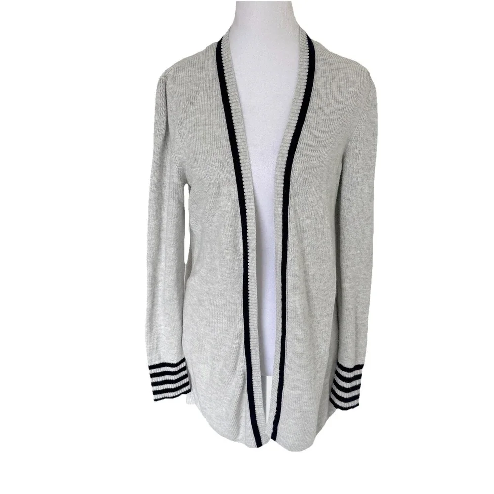 Talbots T by Talbots Navy Gray Open Front Cardigan Size M Luxury Nautical Vacay - Picture 1 of 10